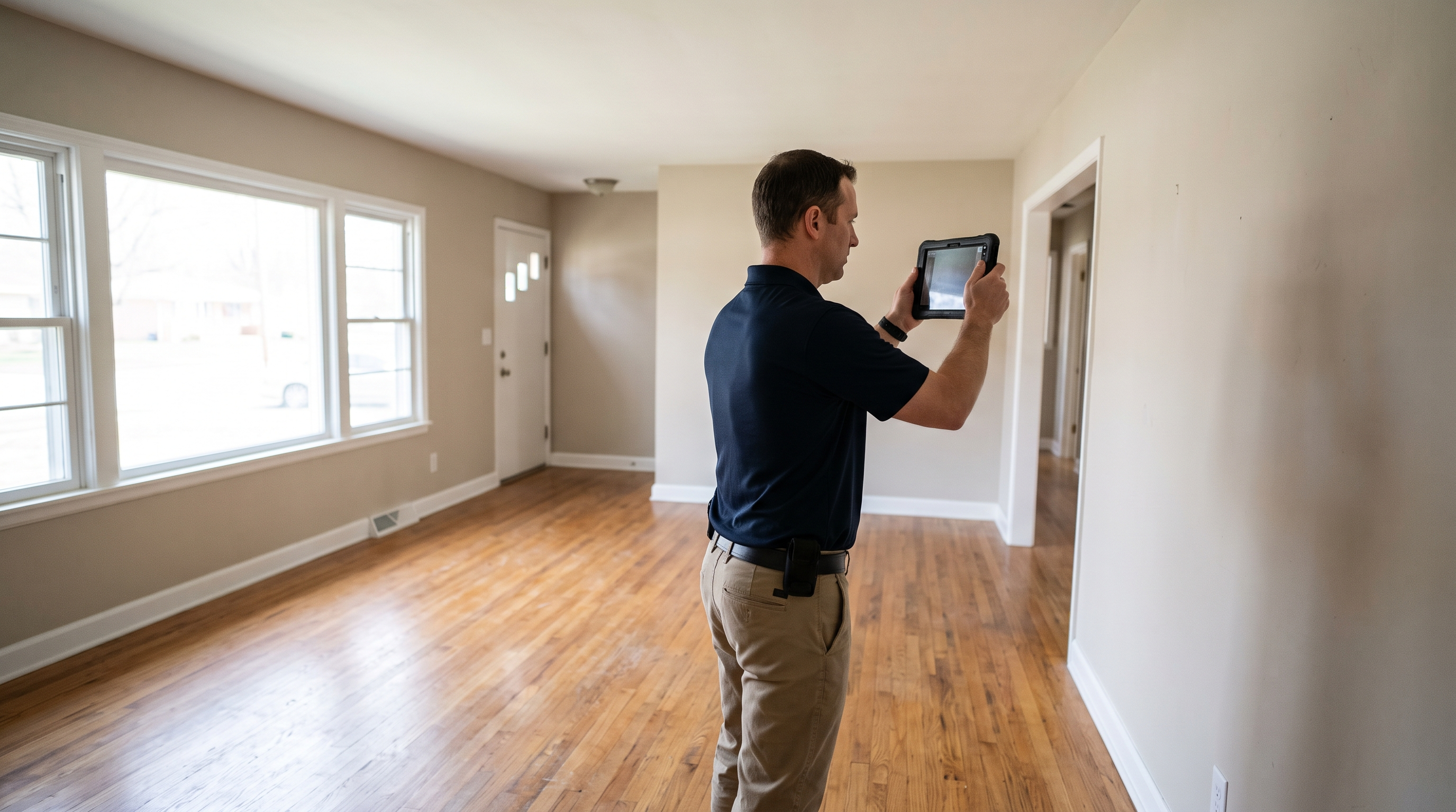 Property Assessment Technician photographing a living room wall with a tablet during a walkthrough