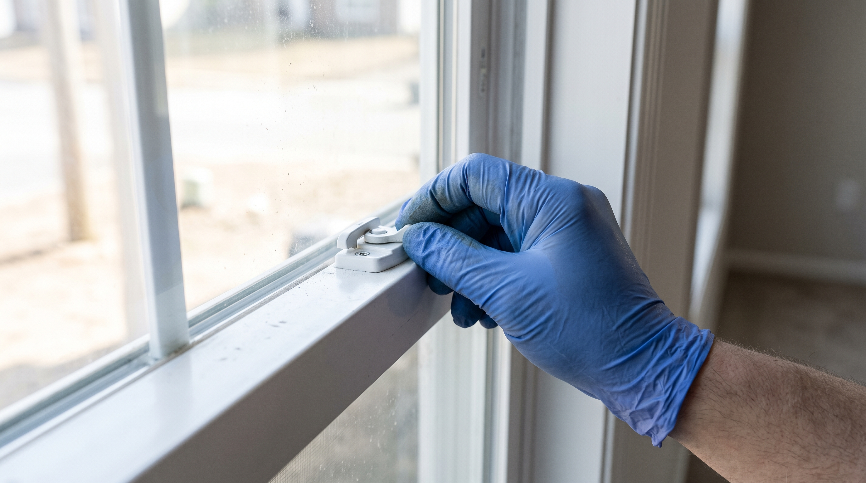 Close-up of a technician testing a window lock in a vacant rental home